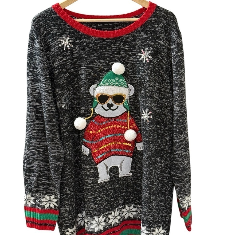 Blizzard Bay Size 2XL Ugly Christmas Sweater With Dog Sequins Pom Poms and Hat